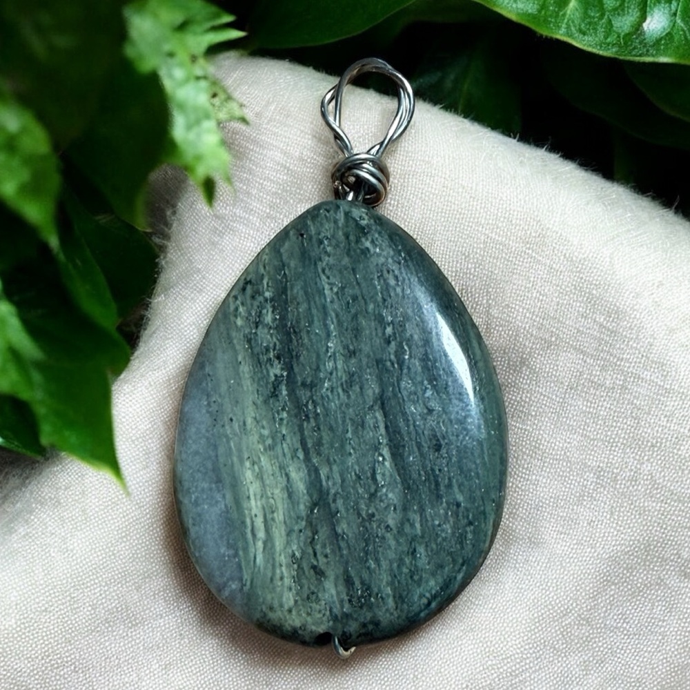 Green Seraphinite Semi Precious Stone Pendant - Artisan Wire Wrapped
